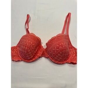 Etam Bra Floral Lace Underwire Padded Push Up 32B Coral Pink Excellent Condition